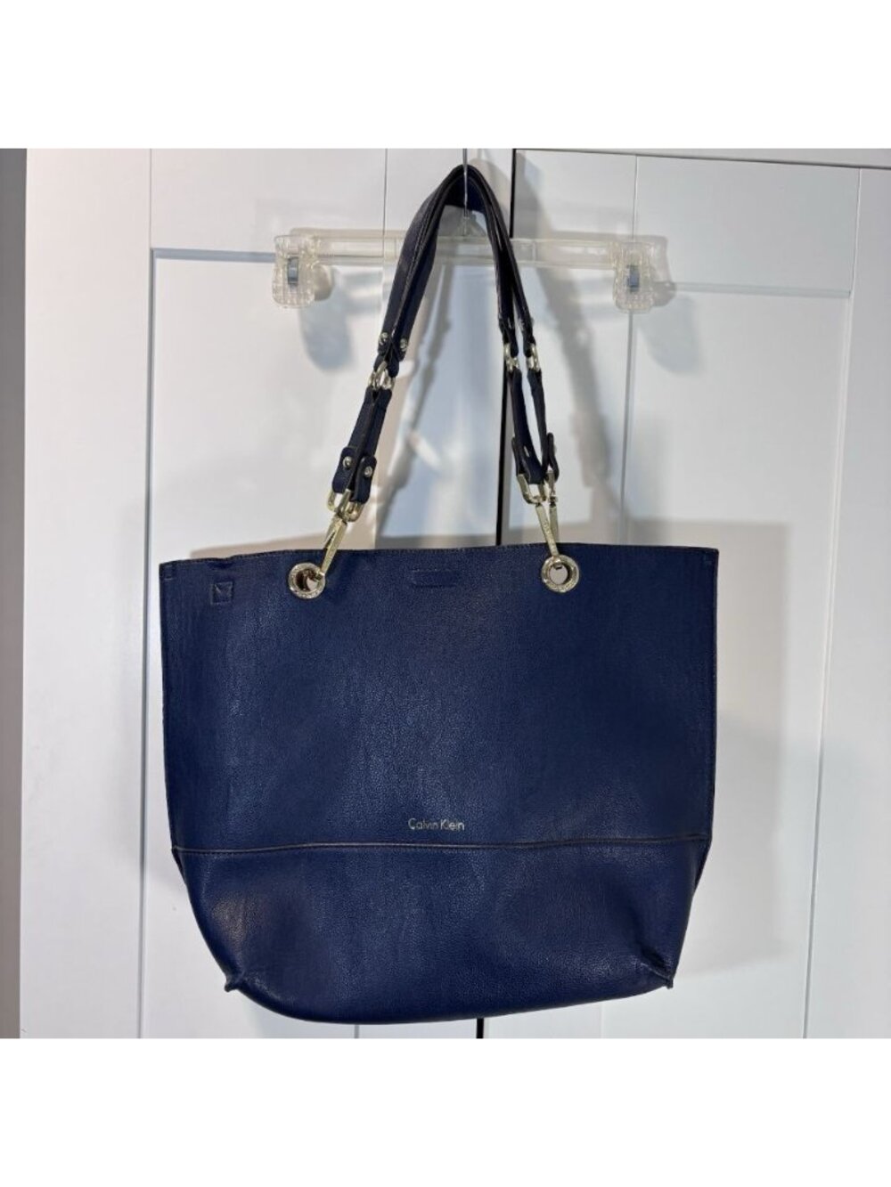 Calvin Klein Reversible Sonoma Navy Brown Tote Gold Purse Bag Work Travel Pouch